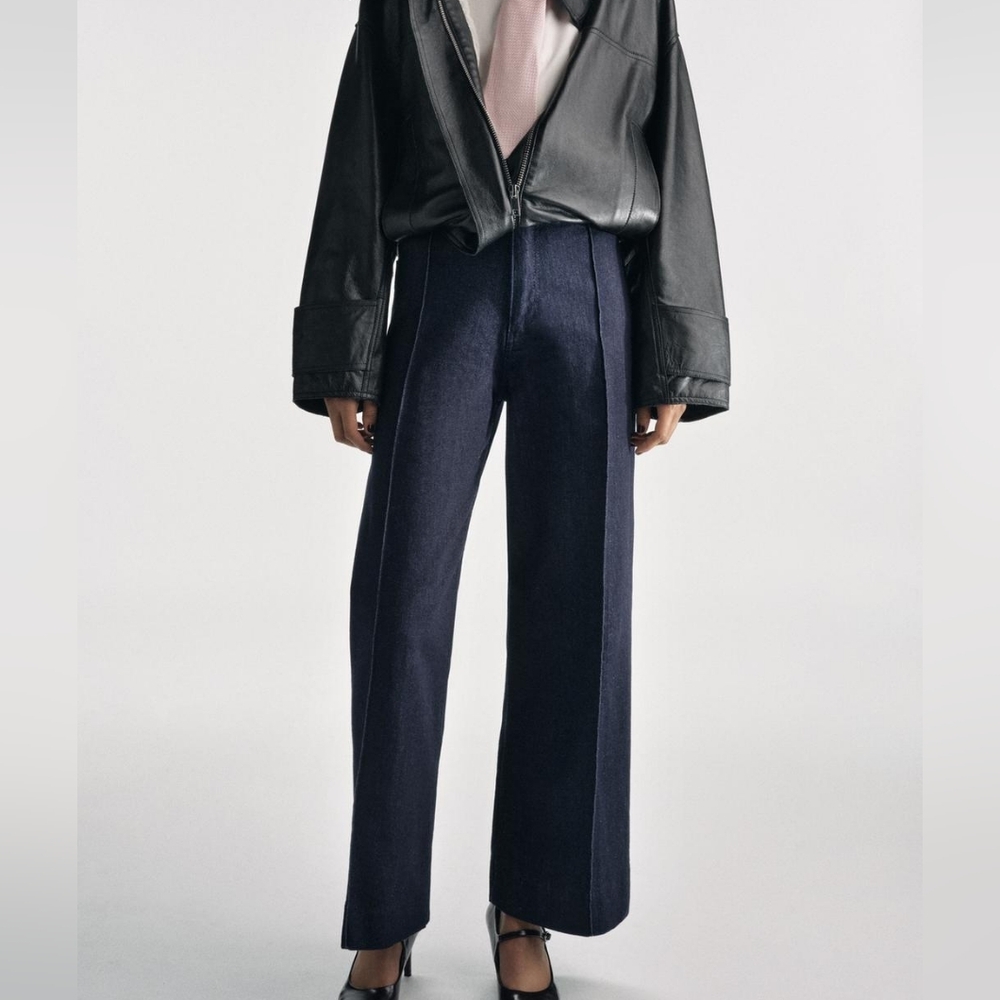 Zara High-Rise Wide Leg Seam Detail Dark Blue Wash Trouser Jeans Size 8